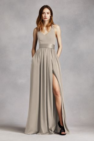 david's bridal v neck halter gown with sash