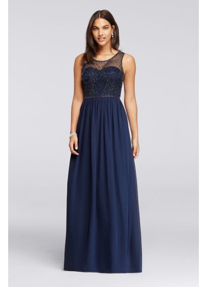 Long Dress with Illusion Sweetheart Beaded Bodice David Long Dress with Illusion Sweetheart Beaded Bodice David