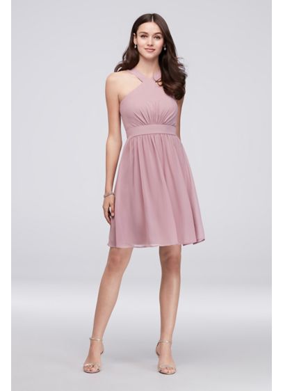 Y Neck Pleated Chiffon Short  Bridesmaid  Dress  David s Bridal Y Neck Pleated Chiffon Short  Bridesmaid  Dress  David s Bridal