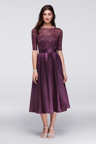 purple tea length dress