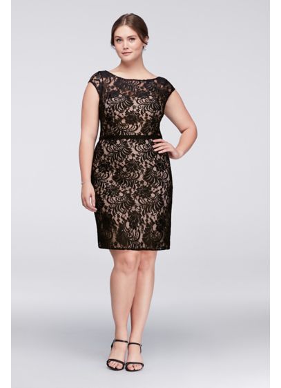 Illusion Lace Plus Size Cocktail Dress with Ribbon David Illusion Lace Plus Size Cocktail Dress with Ribbon David