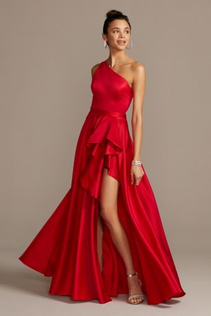 red satin one shoulder dress