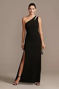 DB Studio Cutout One-Shoulder Crepe Gown with Skirt Slit