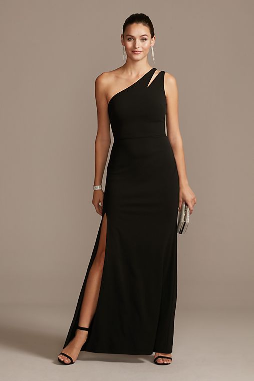 David's Bridal Cutout One-Shoulder Crepe Gown with Skirt Slit