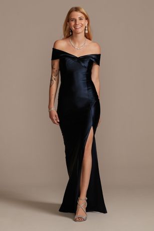 black satin off the shoulder dress