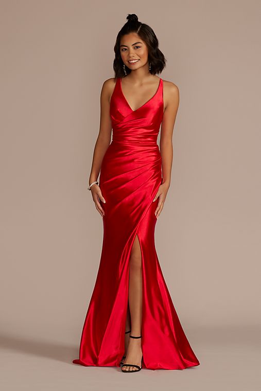 Jules and Cleo Ruched V-Neck Stretch Satin Sheath Gown with Slit