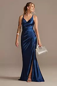 A Line V Neck Light Blue Royal Blue Prom Dresses, Blue Satin Long Form –  morievent