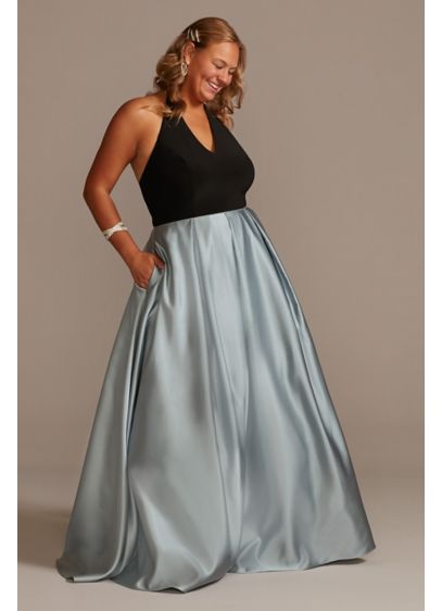 V-Neck Halter Satin Plus Ball Gown with Pockets | David's Bridal