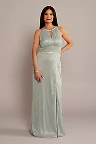 Oleg Cassini High-Neck Glitter A-Line Gown with Keyholes