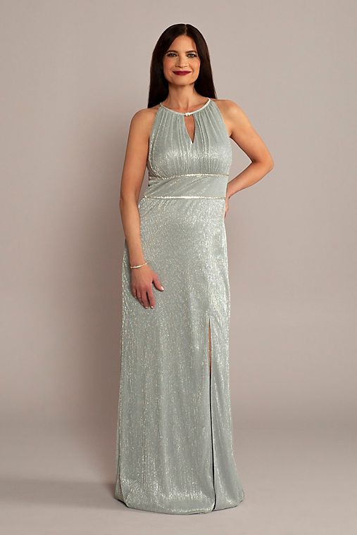 Oleg Cassini High-Neck Glitter A-Line Gown with Keyholes