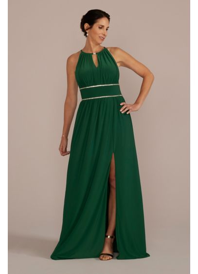 Halter Jersey Knit Gown with Rhinestone Waist - Soft jersey fabric sweeps from the keyhole halter