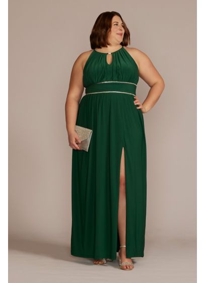 Plus Halter Jersey Knit Gown with Rhinestone Waist - Soft jersey fabric sweeps from the keyhole halter