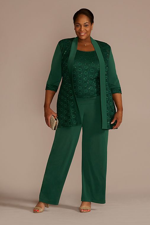 Oleg Cassini Sequin Lace and Jersey Three-Piece Pantsuit