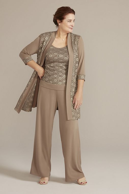 Oleg Cassini Sequin Lace and Jersey Three-Piece Pantsuit