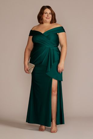 Off-Shoulder Stretch Satin Ruffle Gown ...