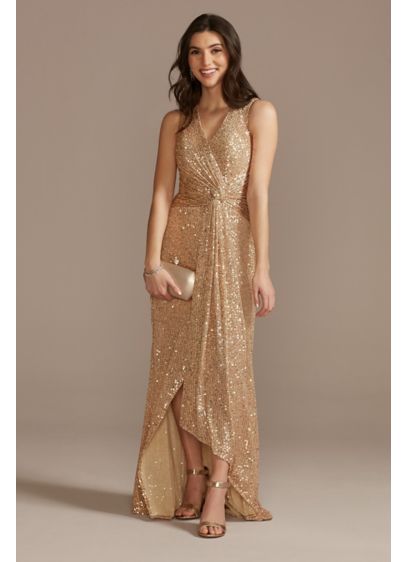V-Neck Sequin Sheath Gown with Knot Detail | David's Bridal