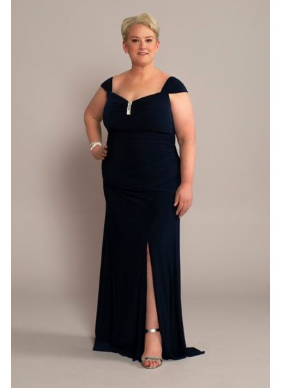 Plus Jersey Gown with Swag Sleeves and Crystals - Beautiful details take this plus-size jersey sheath to