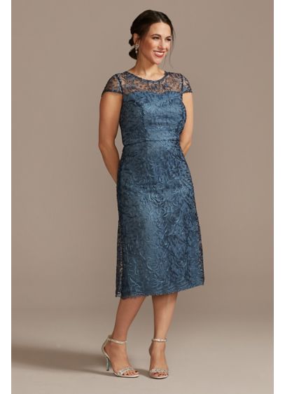 Illusion Cap-Sleeve Long Soutache Sheath Dress - A pretty soutache trim adds luxe texture to