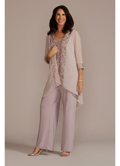 Lace Chiffon Three Piece Pantsuit - A detailed lace tank and flowy chiffon pants