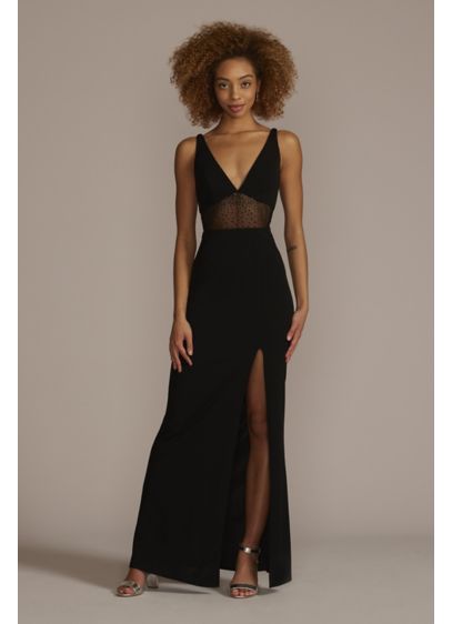 Floor Length Crepe Gown with Beaded Mesh Detail - This crepe gown takes the two-piece trend and