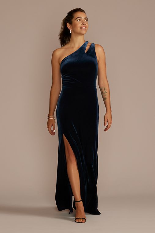 DB Studio Cutout One-Shoulder Velvet Gown with Skirt Slit