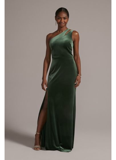 Cutout One-Shoulder Velvet Gown with Skirt Slit - Soft, luxe velvet creates an elegant holiday party-ready