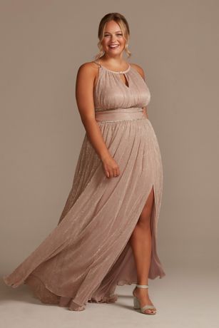 Picture of Plus Size Pleated Long Halter Dress with Keyhole