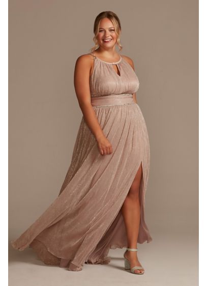 Plus Size Pleated Long Halter Dress with Keyhole - Featuring a keyhole at the neckline and a