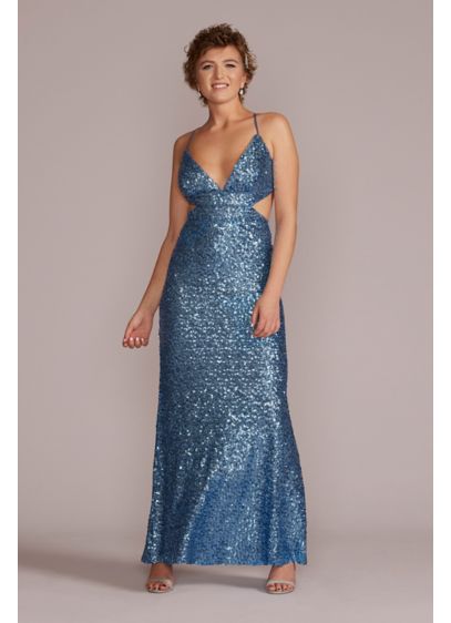 Plunging Sequin Sheath Gown with Side Cutouts - Care to be daring? Go for this floor-length