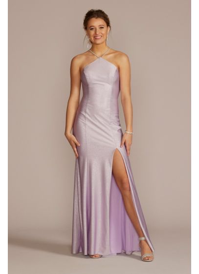 Glitter Stretch Sheath Halter Gown with Slit - Made with stretchy spandex, this halter dress is