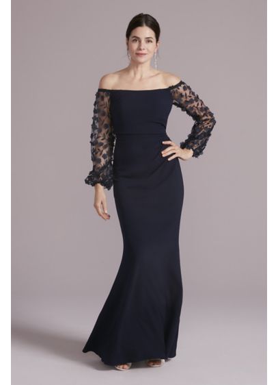 Off-the-Shoulder Crepe Gown with Illusion Sleeves - Sometimes the best accessories are the ones already
