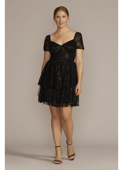 Short Sleeve Illusion Lace Tiered Ruffle Dress - Delicate, dreamy lace is at the forefront of