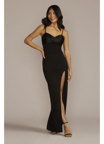 Spaghetti Strap Crepe and Satin Sheath with Slit - Mixed materials have never come together so perfectly