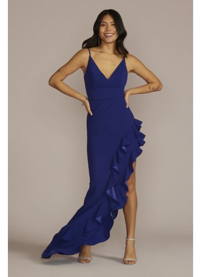 Asymmetrical Ruffled Slit Crepe Dress - Flouncy, flirty, and fabulous, this crepe dress features