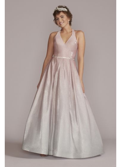 Ombre Plunging Ball Gown with Jewels - Vibrant pink fades to grey in this showstopping