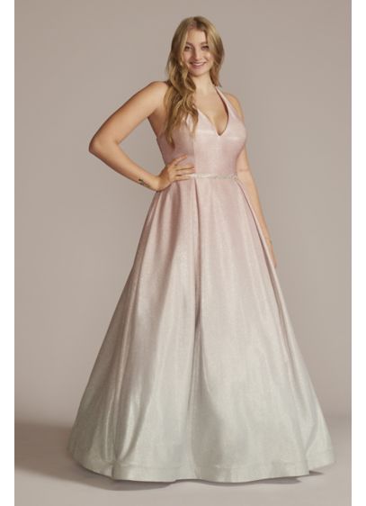 Plus Size Ombre Plunging Ball Gown with Jewels - Vibrant pink fades to grey in this showstopping