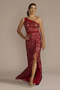 Galina Signature Sequin Lace One Shoulder Sheath Gown