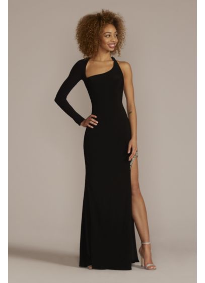 One Shoulder Beaded Jersey Gown with Slit - This jersey gown takes an asymmetrical approach it