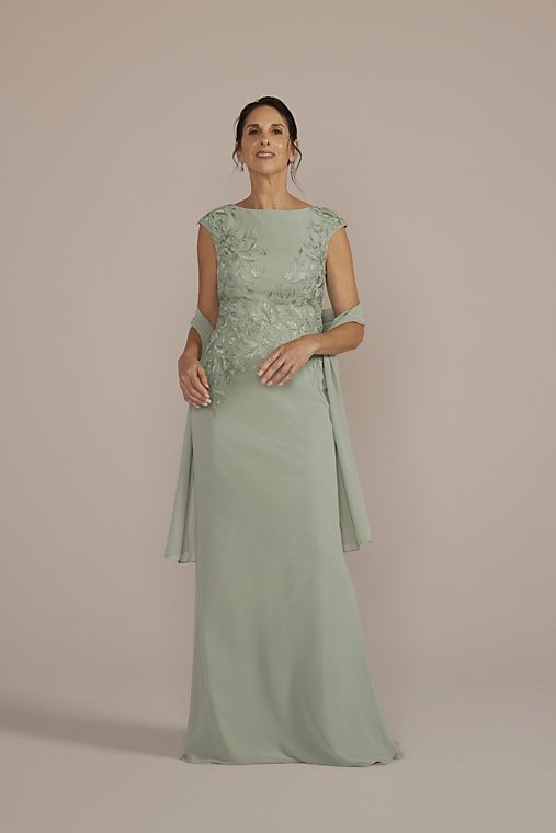 Oleg Cassini Floral Embroidered Chiffon Gown with Shawl