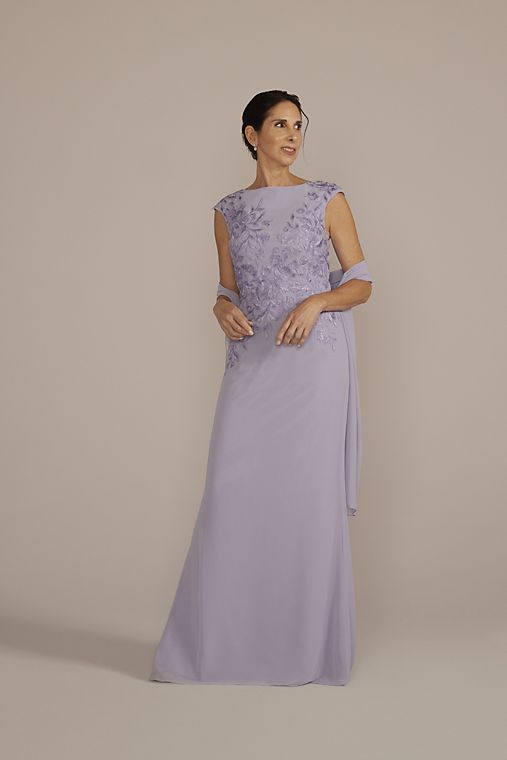 Oleg Cassini Floral Embroidered Chiffon Gown with Shawl