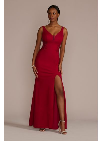 Crepe Sheath Gown with Side Illusion and Slit - Simply seductive, this crepe sheath gown is all