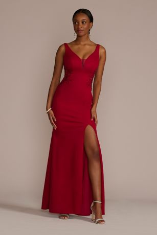 Picture of Crepe Sheath Gown with Side Illusion and Slit