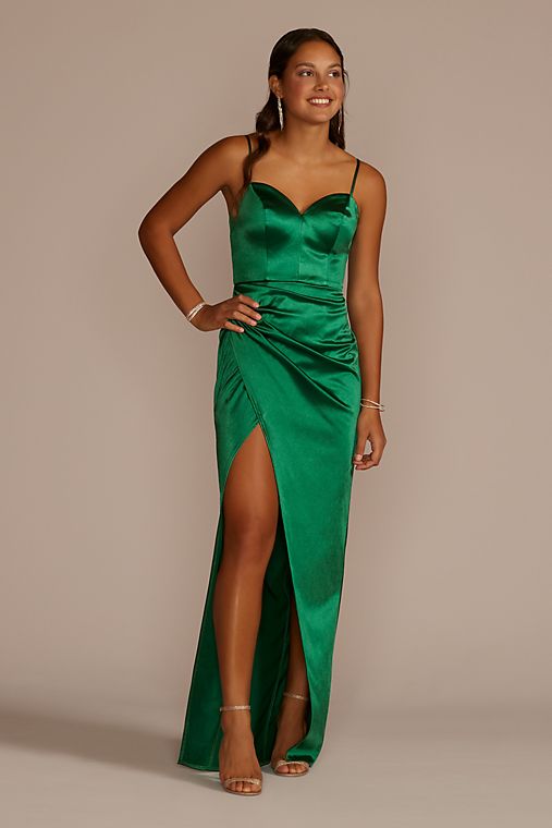 Jules and Cleo Draped Stretch Satin Sweetheart Dress with Slit