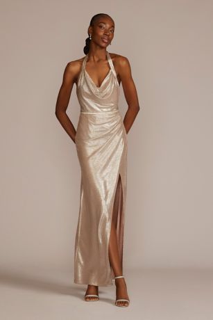 Ruched Crepe Halter Neck Sheath with Slit