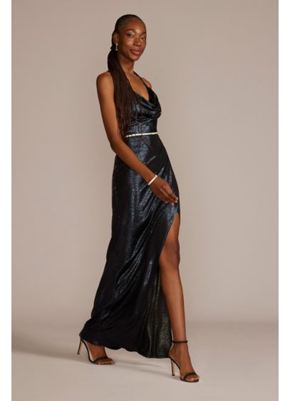 Metallic Halter Cowl Neck Sheath with Slit - Perfect for formal occasions, this wow-worthy sheath dress