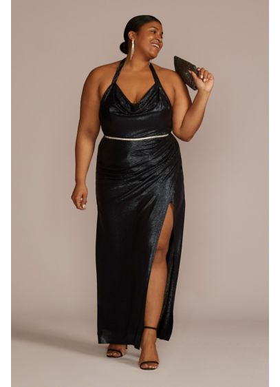 Plus Metallic Halter Cowl Neck Sheath with Slit - Perfect for formal occasions, this plus size wow-worthy