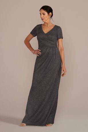 Oleg Cassini Cap Sleeve Glitter Knit Gown with Slit
