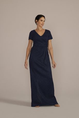 Oleg Cassini Cap Sleeve Glitter Knit Gown with Slit