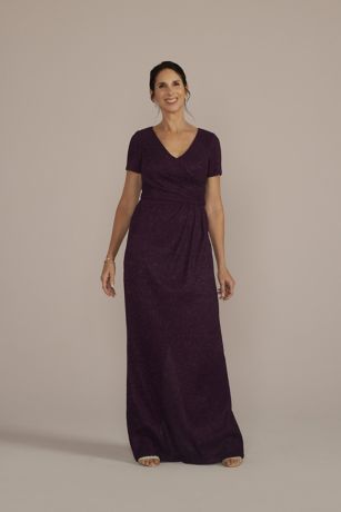 Oleg Cassini Cap Sleeve Glitter Knit Gown with Slit