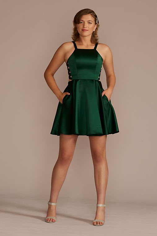 Jules and Cleo High Neck Short Satin A-Line Dress with Cutouts